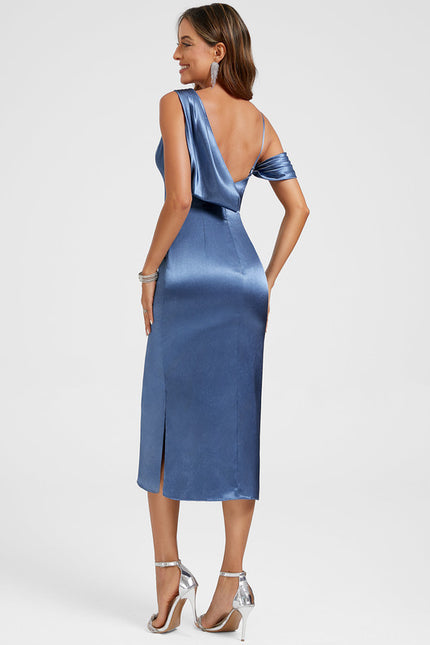 Robe Chic Satin Bleu Col Drapé - gallery 5