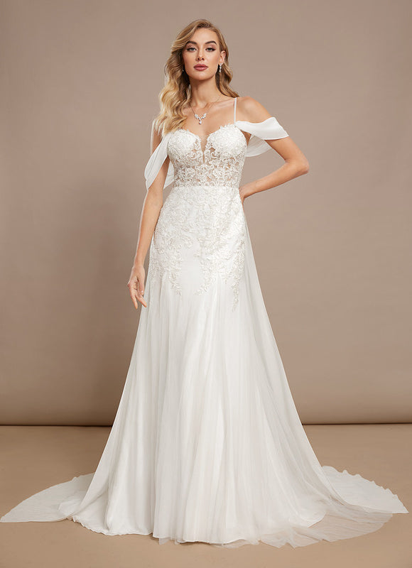 Robe Chic Blanche Dentelle Traîne - gallery 1