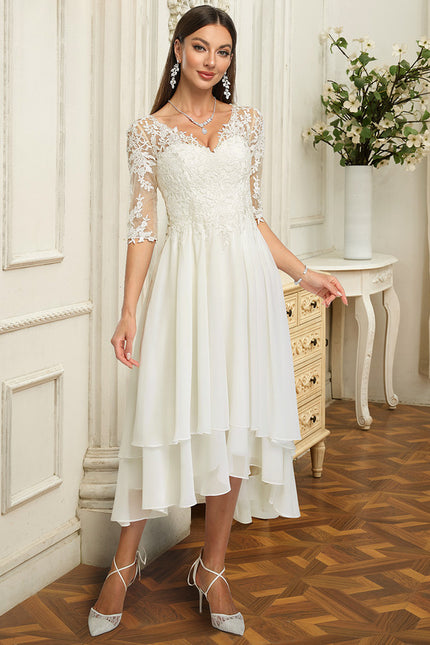 Robe Chic Blanche Dentelle Asymétrique - gallery 2
