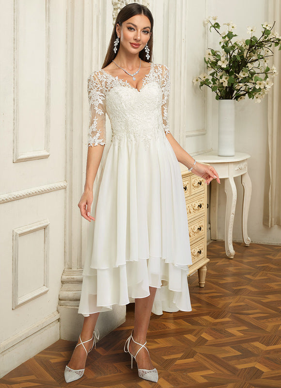 Robe Chic Blanche Dentelle Asymétrique - gallery 2