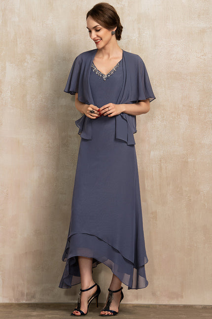 Robe Chic Gris Perle Asymétrique Avec Perles - gallery 3