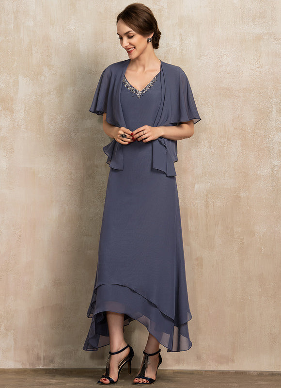 Robe Chic Gris Perle Asymétrique Avec Perles - gallery 3