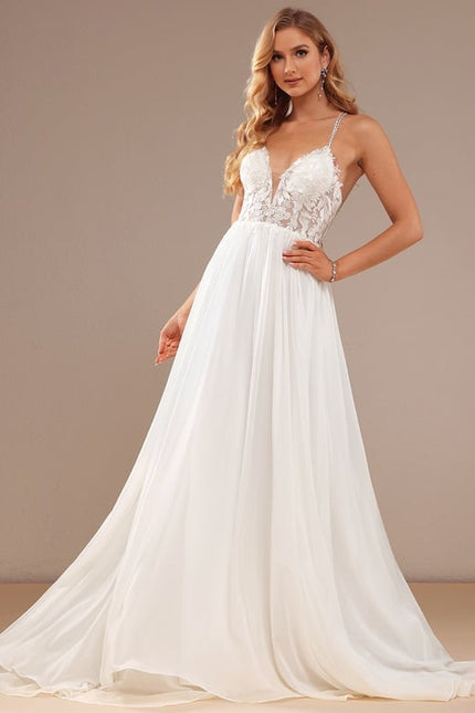 Robe Chic Blanche Traîne Mousseline Dentelle - gallery 1