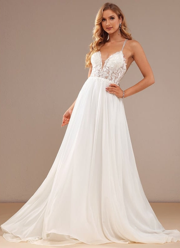 Robe Chic Blanche Traîne Mousseline Dentelle - gallery 1