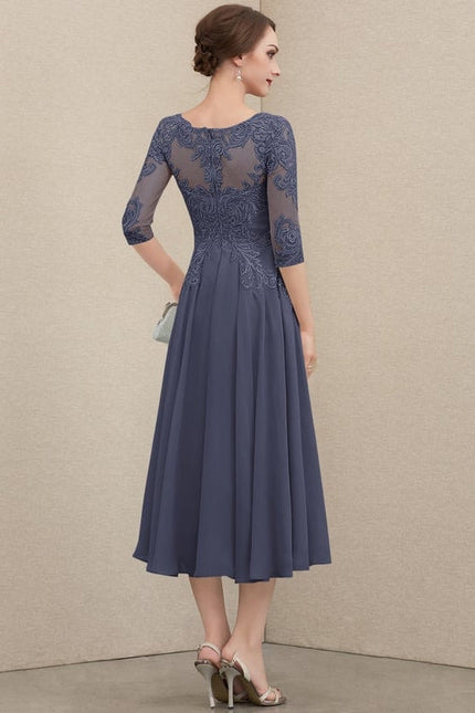 Robe Chic Gris Perlé Mousseline Dentelle - gallery 7