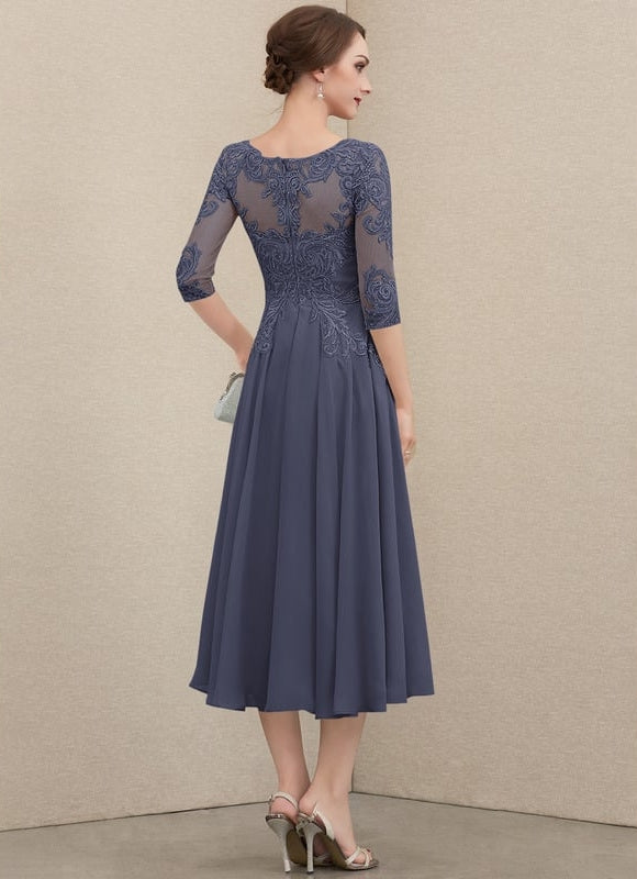 Robe Chic Gris Perlé Mousseline Dentelle - gallery 7