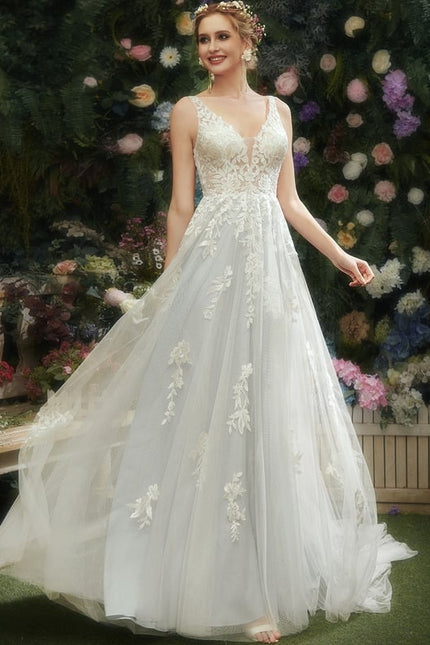 Robe Chic Blanche Tulle Dentelle Traîne - gallery 3