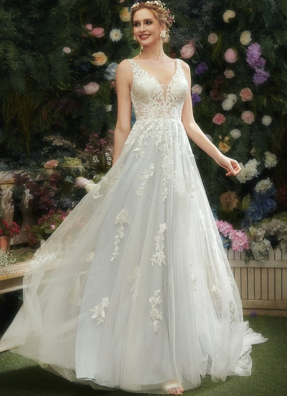 Robe Chic Blanche Tulle Dentelle Traîne - gallery 3