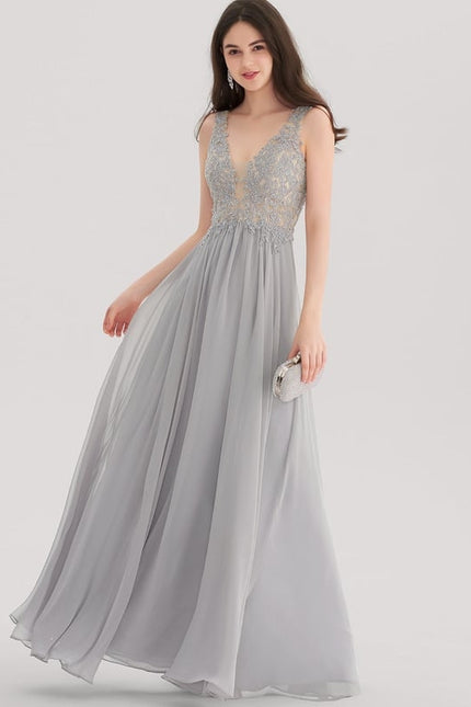 Robe Chic Gris Clair Mousseline Strass