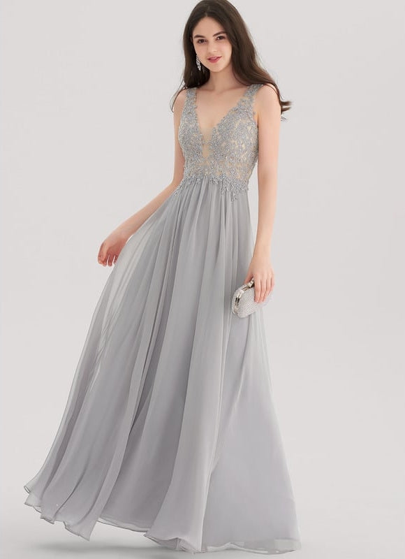 Robe Chic Gris Clair Mousseline Strass