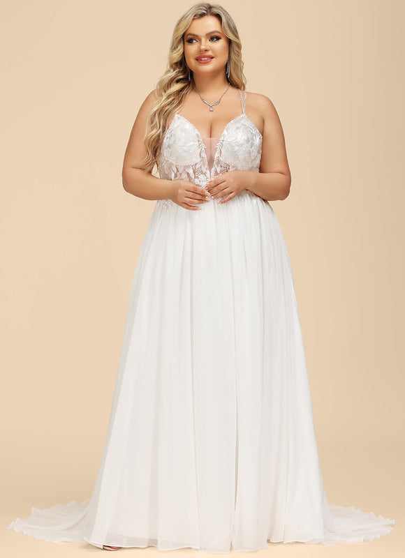 Robe Chic Blanche Traîne Mousseline Dentelle - gallery 7