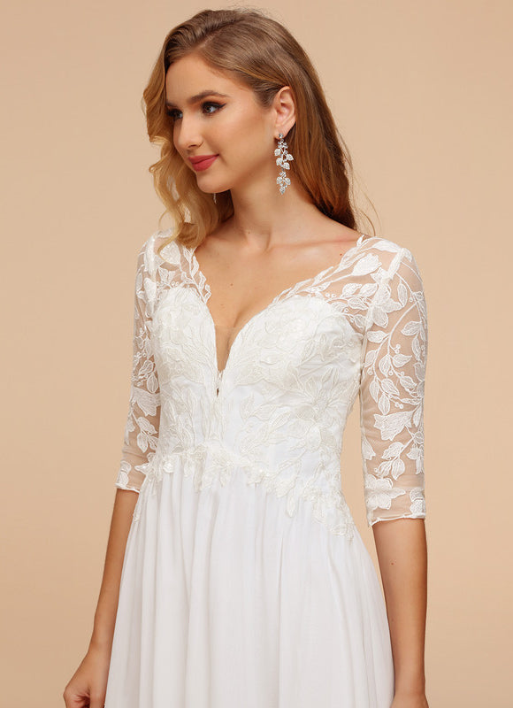 Robe Chic Blanche Col V Dentelle - gallery 5