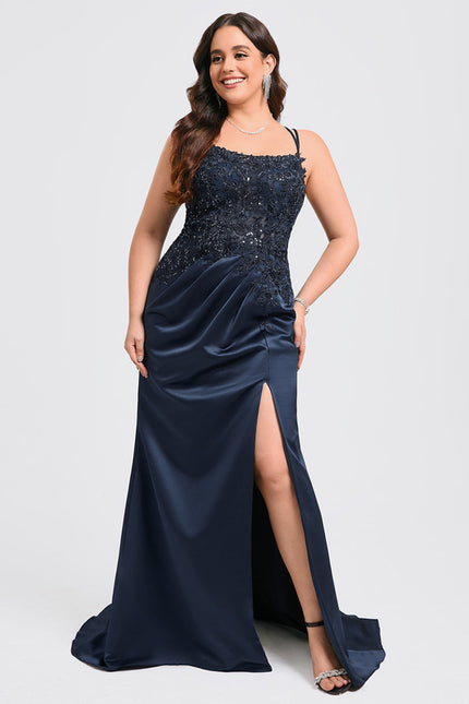 Robe Chic Bleu Nuit Satin Dentelle - gallery 7