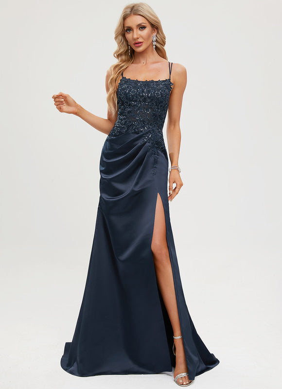 Robe Chic Bleu Nuit Satin Dentelle - gallery 2
