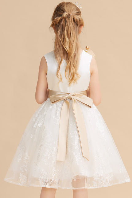 Robe Chic Beige Satin Dentelle Fille - gallery 7