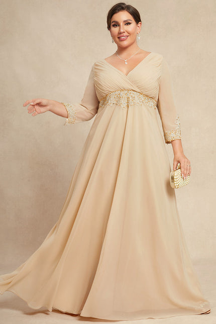 Robe Chic Beige Perlée Ras Du Sol - gallery 5
