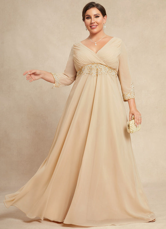 Robe Chic Beige Perlée Ras Du Sol - gallery 5