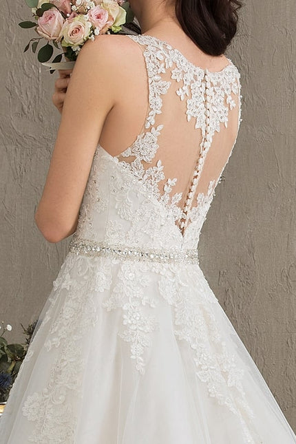 Robe Chic Blanche Traîne En Dentelle - gallery 2