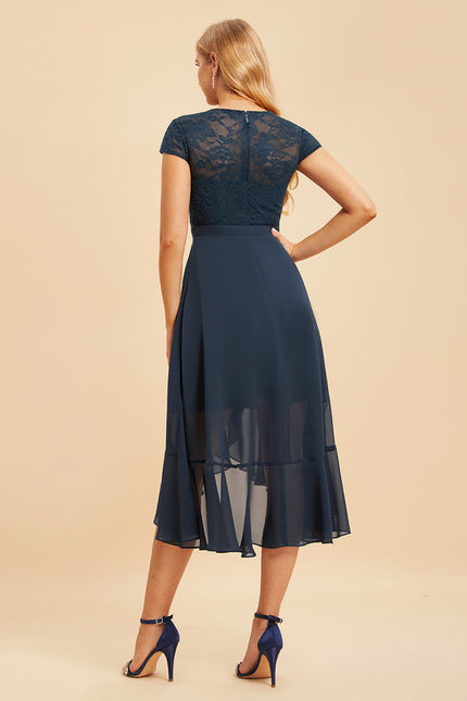 Robe Chic Bleu Nuit Mousseline Dentelle - gallery 1