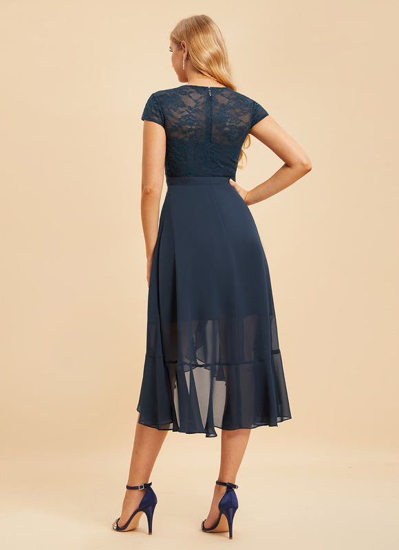 Robe Chic Bleu Nuit Mousseline Dentelle - gallery 1