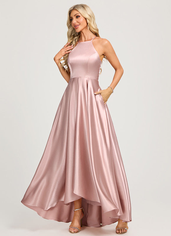 Robe Chic Satinée Rose Asymétrique - gallery 2