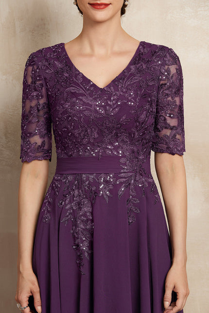 Robe Chic Violet Trapèze Dentelle Paillettes - gallery 1