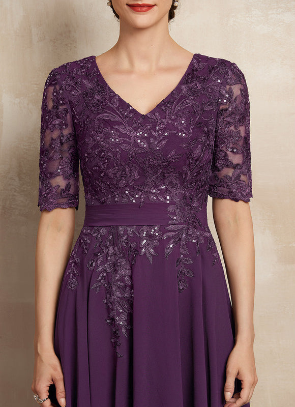 Robe Chic Violet Trapèze Dentelle Paillettes - gallery 1