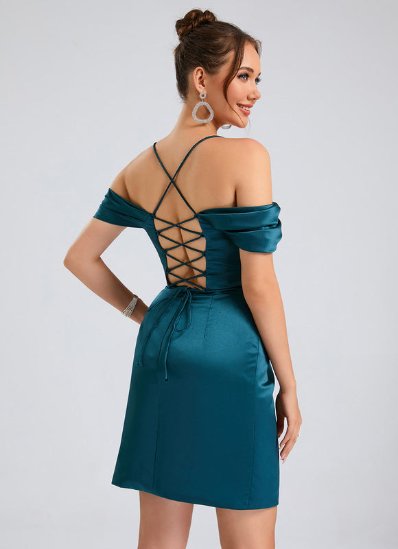 Robe Chic Satin Émeraude Drapé - gallery 1