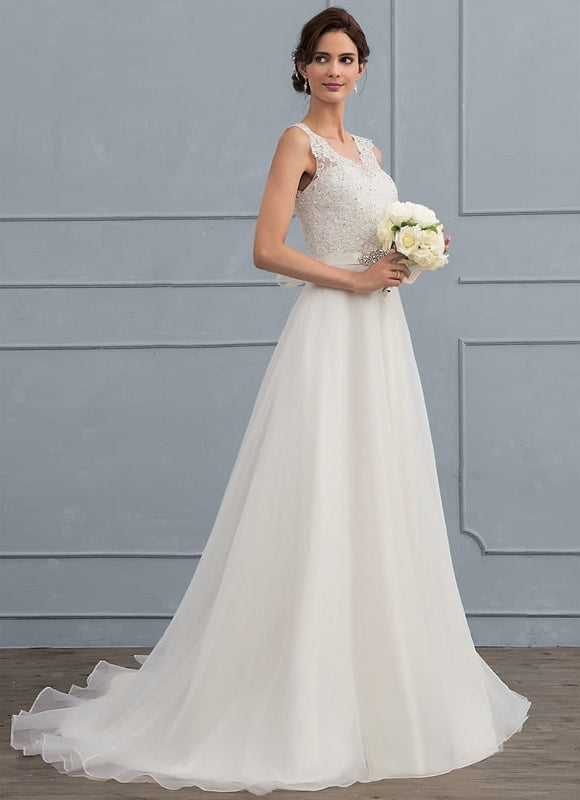 Robe Chic Blanche En Dentelle Traîne - gallery 2