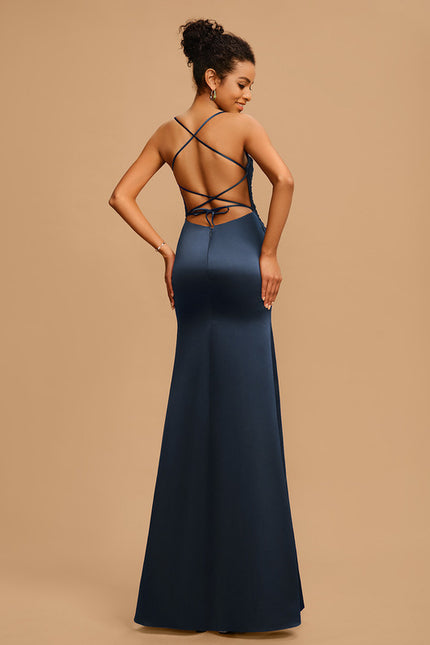 Robe Chic Bleu Nuit Satin Longueur Maxi - gallery 1