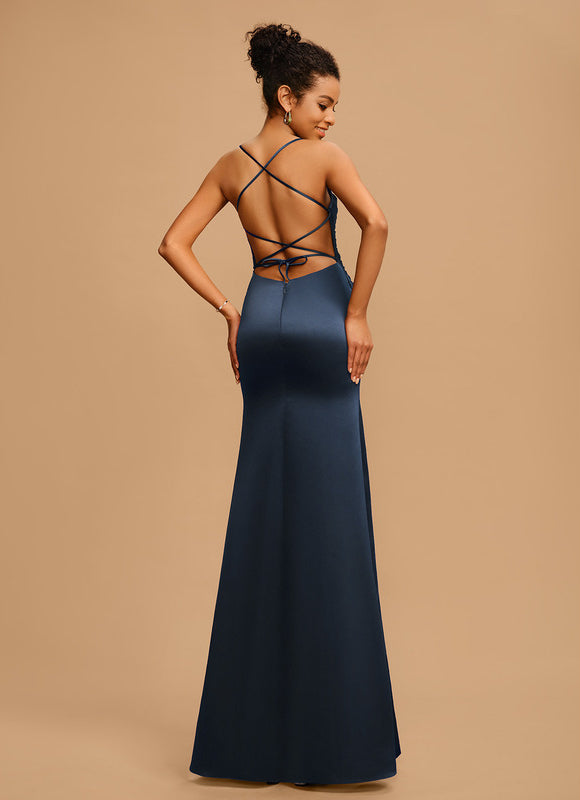 Robe Chic Bleu Nuit Satin Longueur Maxi - gallery 1