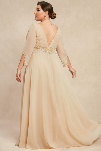 Robe Chic Beige Perlée Ras Du Sol - gallery 7