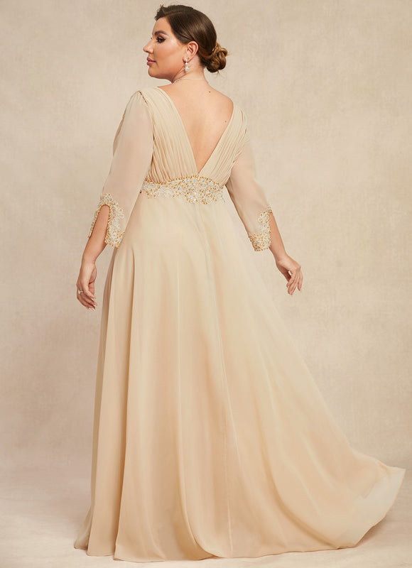 Robe Chic Beige Perlée Ras Du Sol - gallery 7