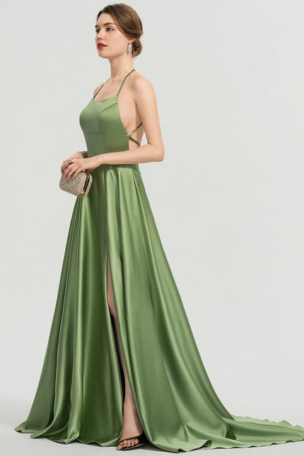 Robe Chic Verte Satinée Avec Traîne - gallery 1