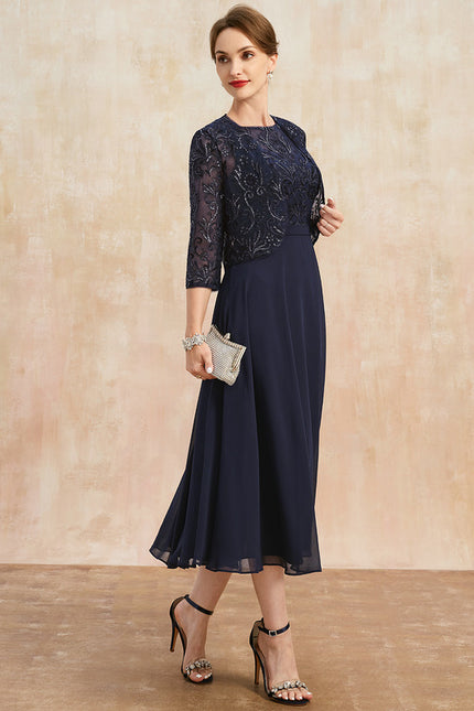Robe Chic Bleu Nuit Élégante À Dentelle - gallery 3