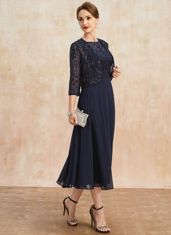 Robe Chic Bleu Nuit Élégante À Dentelle - gallery 3