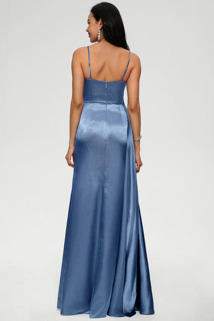 Robe Chic Bleu Satin Plissé Long - gallery 2