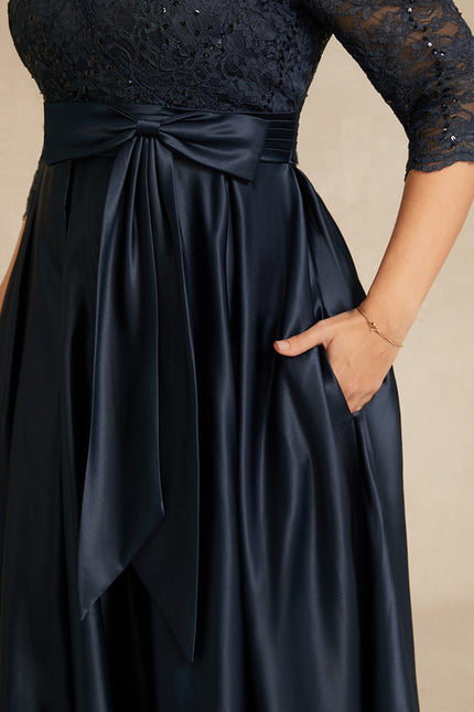 Robe Chic Bleu Nuit Évasée Satin Dentelle - gallery 9