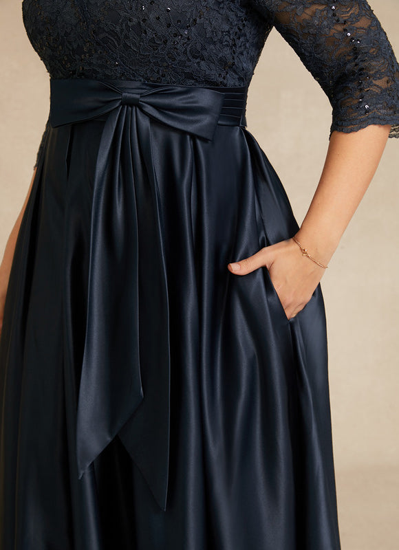 Robe Chic Bleu Nuit Évasée Satin Dentelle - gallery 9