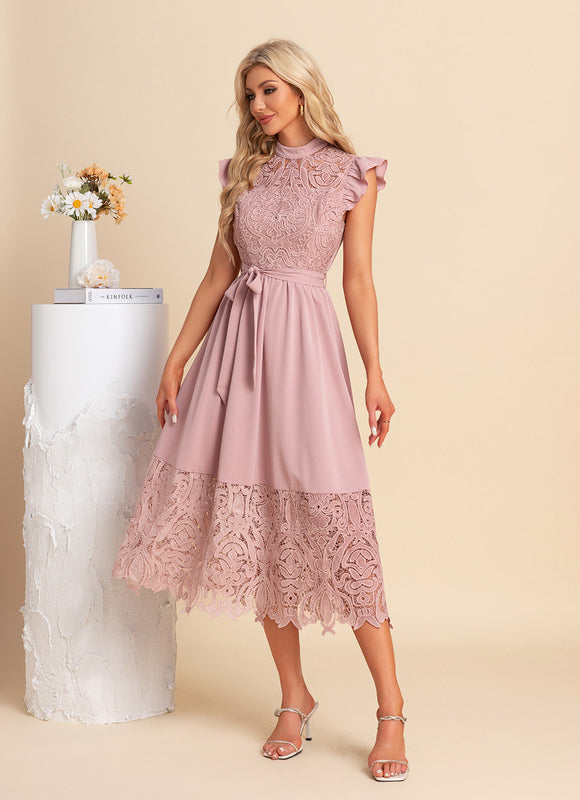 Robe Chic Midi Rose Dentelle