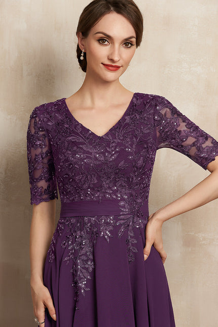 Robe Chic Violet Trapèze Dentelle Paillettes - gallery 3
