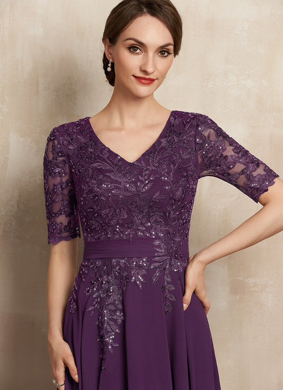 Robe Chic Violet Trapèze Dentelle Paillettes - gallery 3