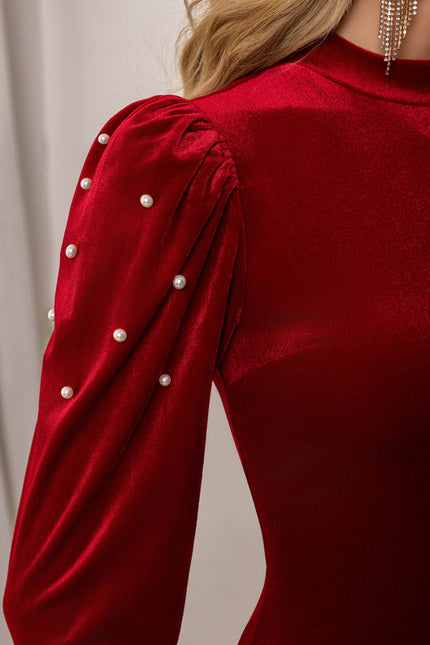 Robe Chic Velours Rubis À Manches Bouffantes - gallery 2