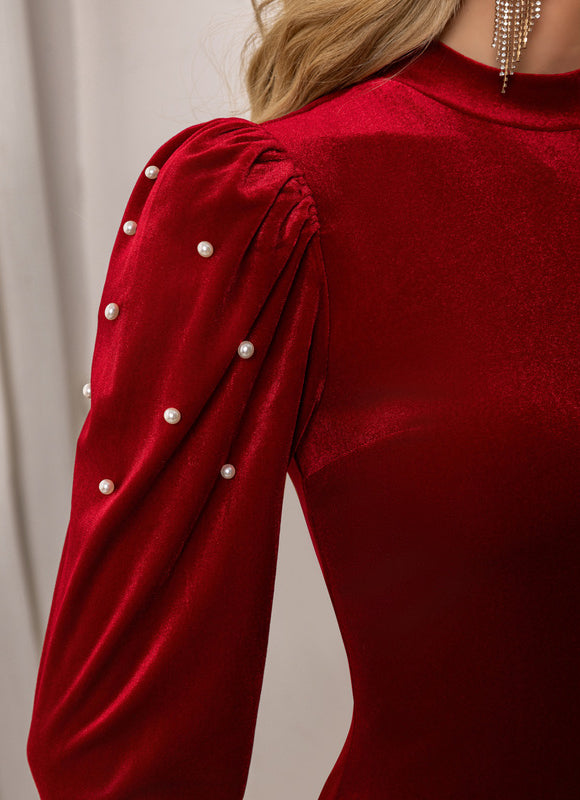 Robe Chic Velours Rubis À Manches Bouffantes - gallery 2