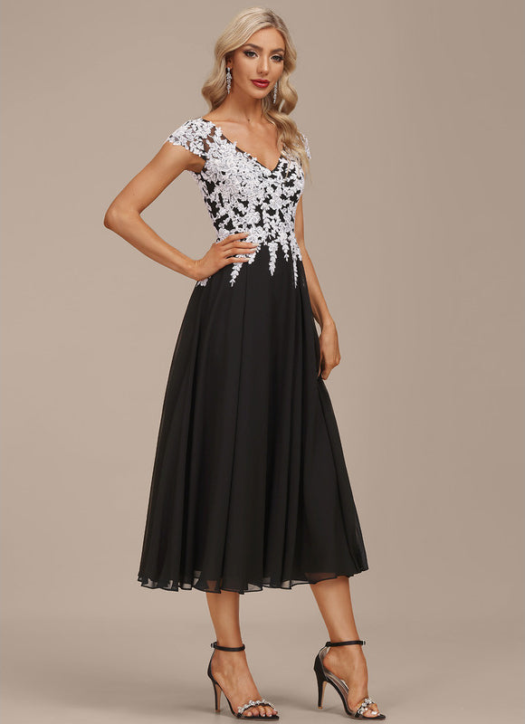 Robe Chic Noire Dentelle V-Cou Élégant - gallery 3