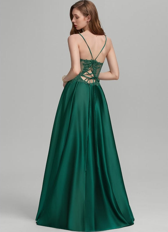 Robe Chic Vert Émeraude Satin Dentelle - gallery 1