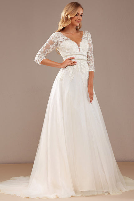 Robe Chic Blanche Traîne En Dentelle