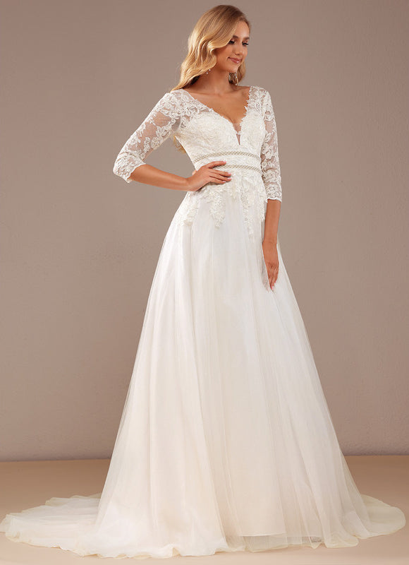 Robe Chic Blanche Traîne En Dentelle