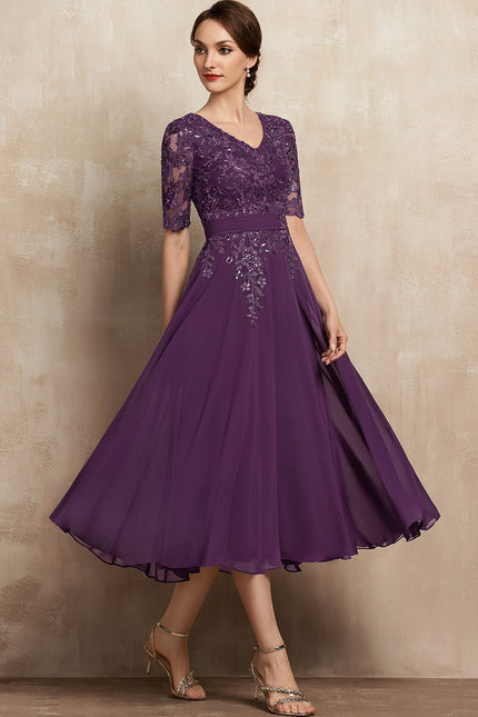 Robe Chic Violet Trapèze Dentelle Paillettes - gallery 6