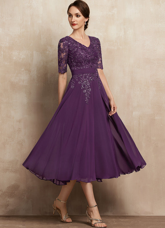 Robe Chic Violet Trapèze Dentelle Paillettes - gallery 6